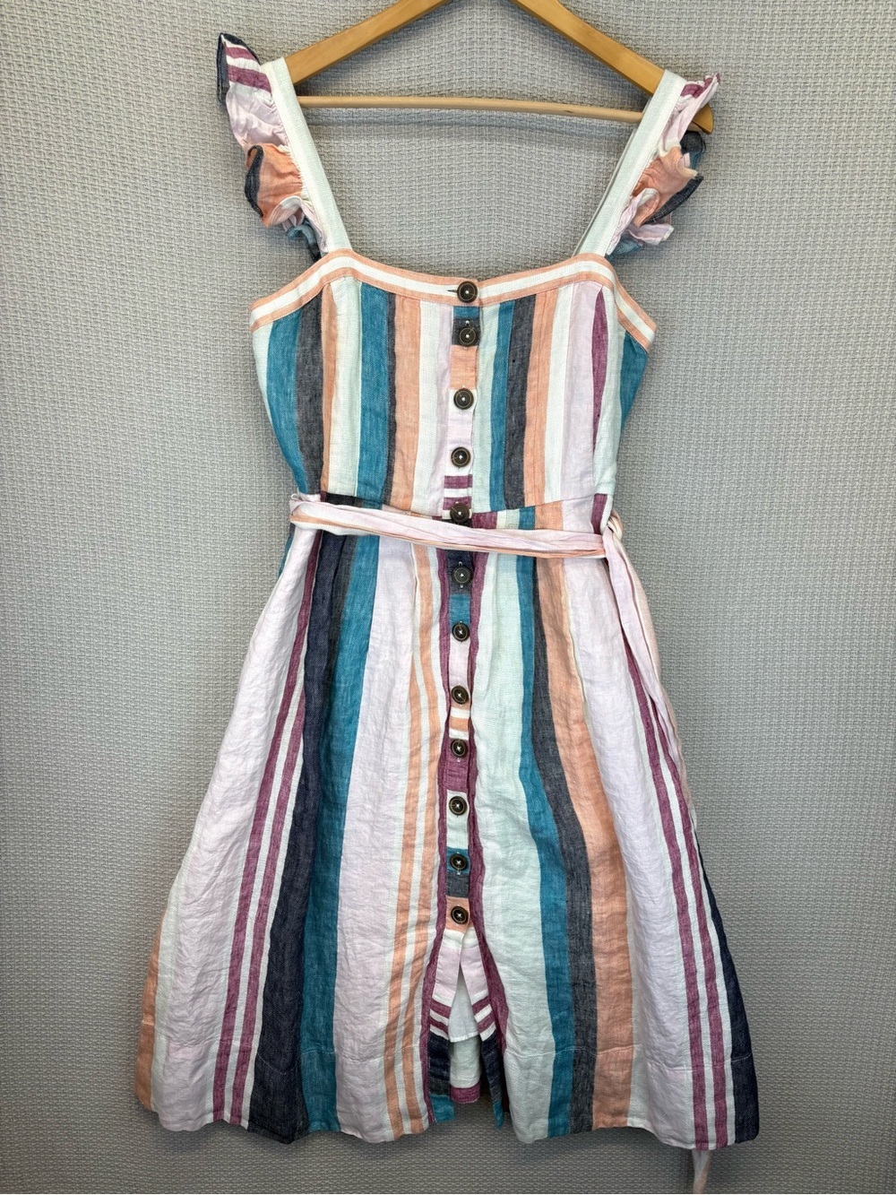 J Crew Button Up 100% Linen Strapless Striped Preppy Midi Dress Sz 8 Boho EUC